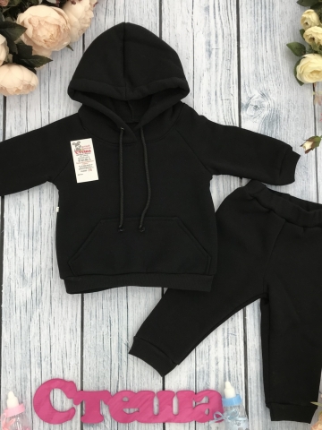 Купить оптом 296-Ч. Свитшот с капюшоном + Штаны, хлопок 65%, 35% ПЭ, 3-х нитка (начес) черный 80,86,92 в Керчи
